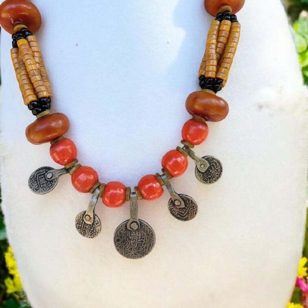 Antique Moroccan Amber And Old Coral Berber Coin Necklace